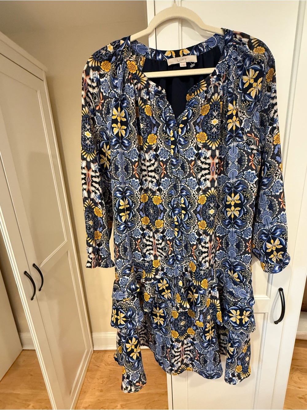 LOFT Navy Floral Tiered Mini Dress with Yellow Accents